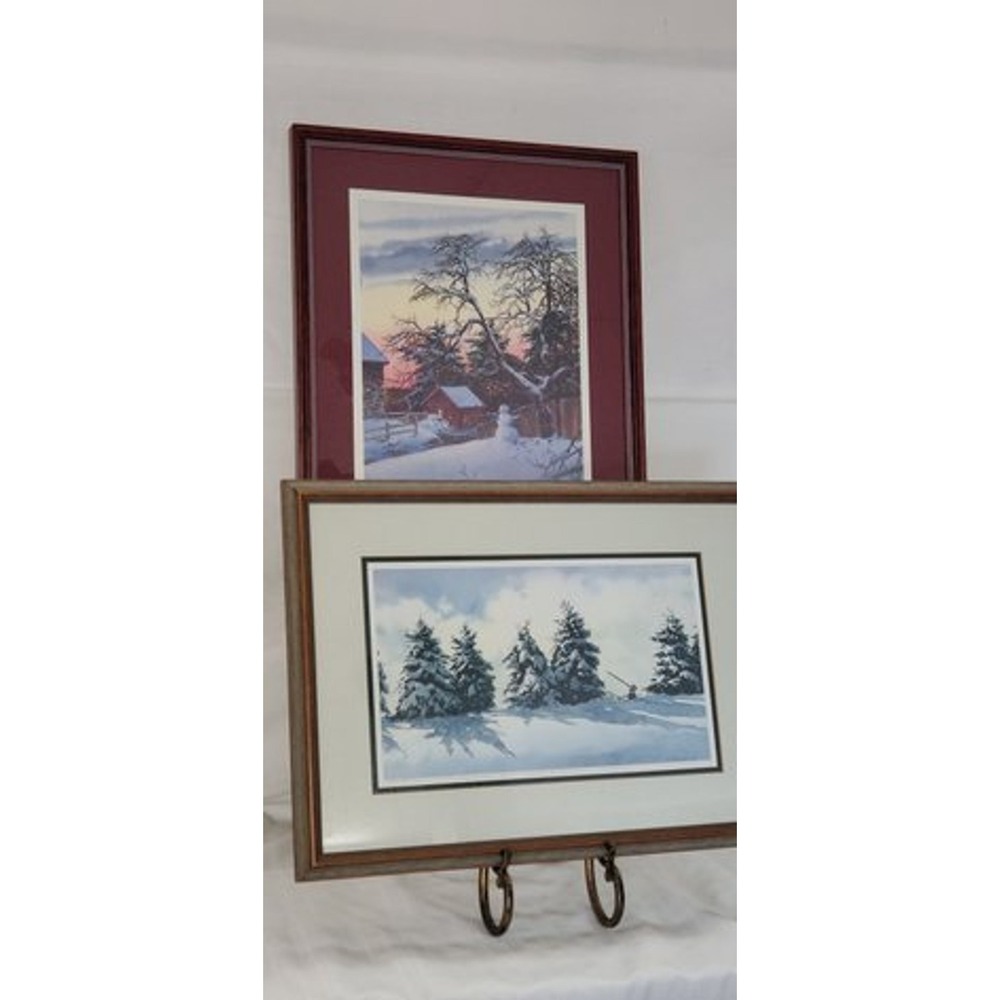 2 Vintage Richard Bollinger Signed Art Prints Framed Matted Winter Landscape